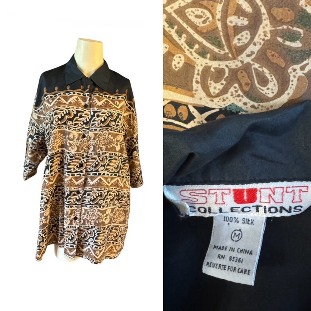 Vintage 80s Stunt Collections 100% Silk button down shirt short sleeve women M